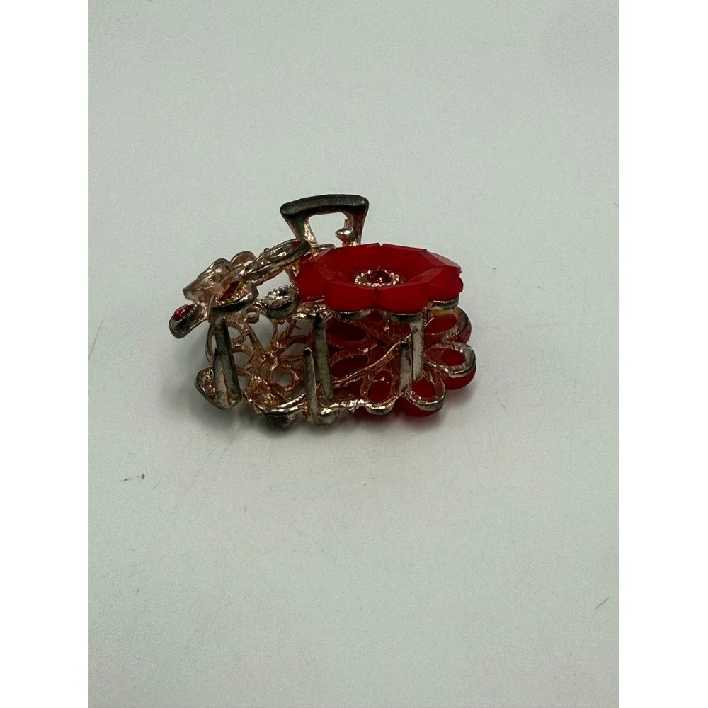 Red Flower Butterfly Hair Claw Clip Gold Tone Rhinestone Filigree Accessory